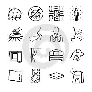 Dust mites line icon set. Included the icons as dust mites, flea, bed bugs, bedroom, bed, bugs killer and more.