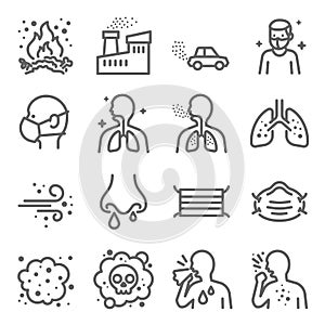 Polvo contaminación línea conjunto compuesto por iconos. contiene semejante iconos cómo pulmones, polvo suciedad el aire a. extendido ataque 