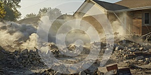 Dust and rubble swirling in the air the aftermath of a sinkhole that forcefully tore apart a once peaceful neighborhood