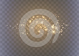 The dust sparks and golden stars shine with special light. Vector sparkles on a transparent background. Christmas light