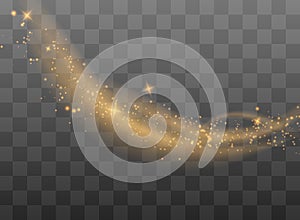 The dust sparks and golden stars shine with special light. Vector sparkles on a transparent background. Christmas light effect.
