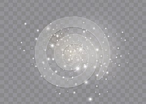 The dust sparks and golden stars shine with special light. Vector sparkles on a transparent background. Christmas light effect