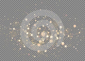 The dust sparks and golden stars shine with special light. Vector sparkles on a transparent background. Christmas light effect. Sp