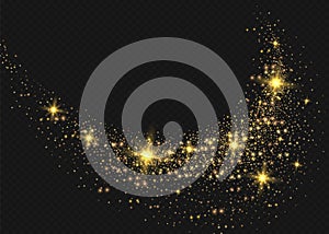 The dust sparks and golden stars shine with special light. Vector sparkles on a transparent background. Christmas light effect. Sp