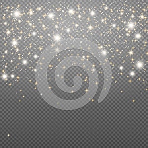 The dust sparks and golden stars shine with special light. Vector sparkles on a transparent background. Christmas light effect. Sp