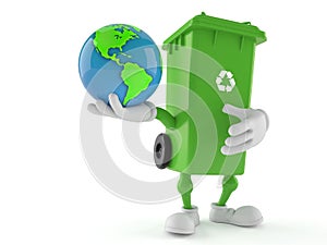 Dustbin character holding world globe