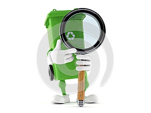 Dustbin character with magnifying glass
