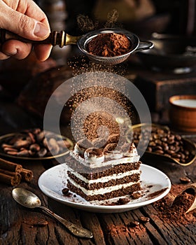 Dusting tiramisu-like cake with cocoa powder. Still life with slice of cake and coffee and cacao beans on wooden table