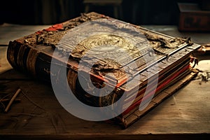 Dusty Ancient book on wooden table. Generate Ai