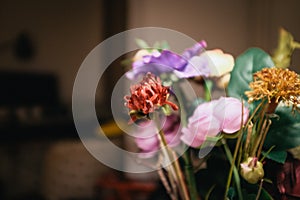 Dusty artificial flowers in a darkened room