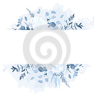 Dusty blue branches, white hydrangea, watercolor splash vector design frame