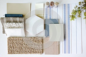 Dusty blue furniture board sample board and mood board as an interior design concept