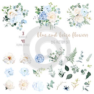 Dusty blue, ivory beige rose, white hydrangea, magnolia, peony, ranunculus, wedding flowers, greenery and eucalyptus
