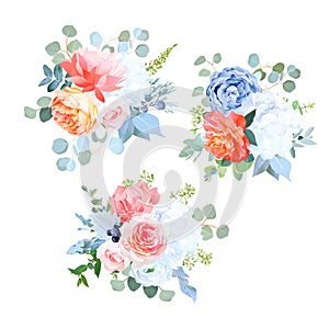 Dusty blue, orange, white, coral, pink flowers vector wedding bouquets