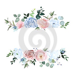 Dusty blue and pale blush rose, white hydrangea, ranunculus, eucalyptus