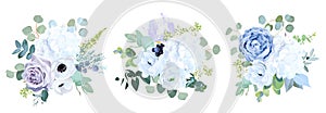 Dusty blue, pale purple rose, white hydrangea, ranunculus, iris,anemone flower photo
