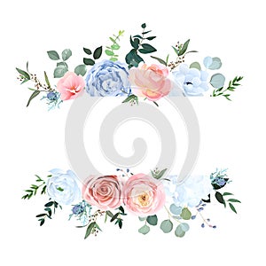 Dusty blue and peachy blush rose, white hydrangea, ranunculus, eucalyptus, greenery