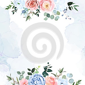 Dusty blue and peachy blush rose, white hydrangea, ranunculus, eucalyptus, greenery photo