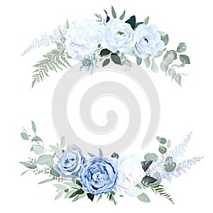 Dusty blue rose, white hydrangea, ranunculus, anemone, eucalyptus, greenery, juniper, magnolia