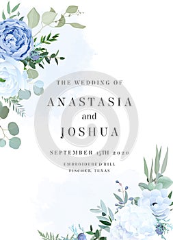 Dusty blue rose, white hydrangea, ranunculus, anemone, eucalyptus vector design frame