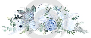 Dusty blue rose, white hydrangea, ranunculus, magnolia, anemone, succulent