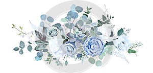 Dusty blue rose, white hydrangea, ranunculus, magnolia, anemone, succulent, greenery, juniper