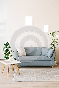 A dusty blue sofa with pillows, a white coffee table, potted plants in a bright cozy living room. Mockup frames for posters on the