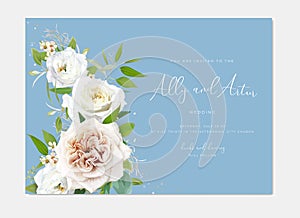 Dusty blue wedding invite card. Watercolor bouquet. Editable, floral vector illustration. Neutral taupe beige, white, light yellow