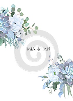 Dusty blue and white flowers, ranunculus, anemone, eucalyptus, j