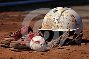 a dusty catchers helmet placed next to a chalk bag on the pitchers mound