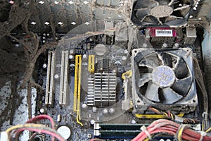 Dusty computer motherboard