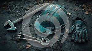 Dusty construction tools scattered on ground