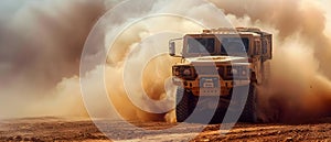 Dusty Dash: Rugged Military Truck Conquers Harsh Terrain. Concept Off-Roading Adventures, Military photo