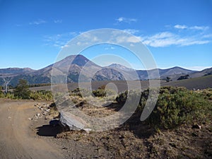 Dusty dirt road in park las araucarias in patagonia