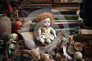 dusty doll lying among old books and trinkets