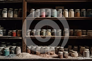 Dusty Jars Of Powders And Ointments On Shelves. Generative AI