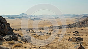 The dusty landscape stretches out before them a vast expanse of rugged terrain and rocky outcrops photo