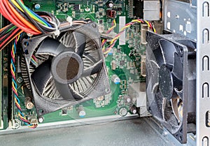 A dusty PC cooling fans and vents.
