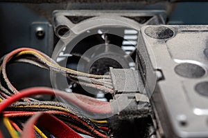 Dusty pc electronic hardware closeup with selective focus