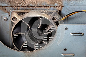 Dusty pc electronic hardware closeup with selective focus