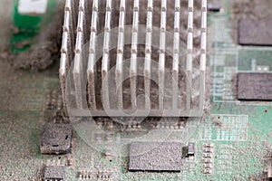Dusty pc electronic hardware closeup with selective focus and blur