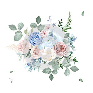 Dusty pink blush, blue and creamy rose flowers vector design wedding bouquet