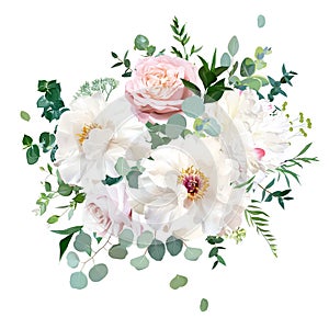 Dusty pink blush rose, white and creamy woody peony flowers