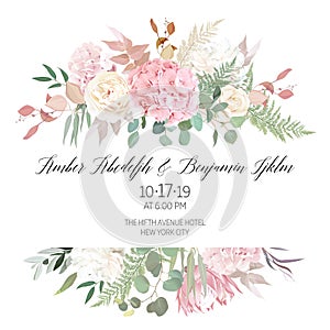 Dusty pink blush, white and creamy hydrangea, peony flowers vector design