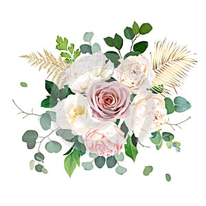 Dusty pink blush, white and creamy rose flowers vector design wedding bouquet