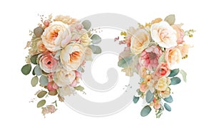 Dusty pink blush, white and creamy rose flowers vector design wedding bouquets. Eucalyptus, greenery. Floral pastel