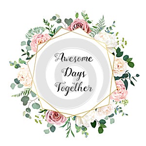 Dusty pink blush, white and creamy rose flowers vector geometric wedding frame
