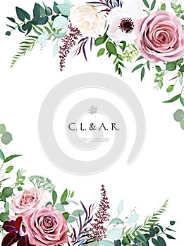 Dusty pink, cream rose, pale flowers, white anemone vertical botanical vector design banner photo