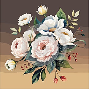 Dusty pink and cream rose, peony, hydrangea flower, tropical leaves vector