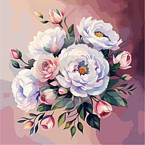 Dusty pink and cream rose, peony, hydrangea flower, tropical leaves vector
